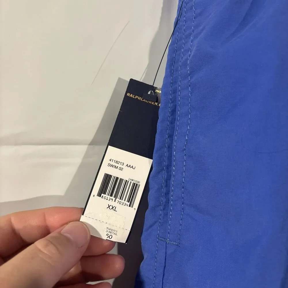 NWT Vintage Polo Ralph Lauren Swim Trunks Mens 2XL Blue 5” Inseam Yellow Pony
